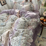 SHOPMOCHO 3/4Pcs Korean Princess Style Floral Ruffles Bedding Set Skin-friendly Soft Duvet Cover Set Bed Sheet Or Bed Skirt Pillowcases