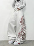 SHOPMOCHO Unisex White Red Tribal Flame Print Loose Wide Leg Jeans Y2K Grunge Streetwear Oversized Denim Pants