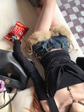 SHOPMOCHOWinter New Women's Retro Design Fluffy Splicing Jeans Shorts Y2k Low-rise Strap Slim Hot Pants