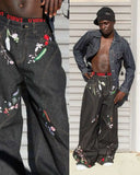 Shopmocho Y2K Baggy Jeans splicing Floral Seams embroidered High quality jeans new Gothic Hip Hop men women Harajuku Casual wide leg Jeans