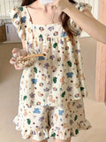 SHOPMOCHO Allover Cartoon Print Lounge Set Ladies Summer Cute Ruffle Sleeve Square Neck Top & Shorts Kawaii Women's Loungewear Summer