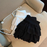 SHOPMOCHO Sweet Puffy Cake Women Skirts Korean Fashion Ruched Ruffle Mini Skirt Campus Harajuku Casual Versatile Elastic Waist Solid Skirt