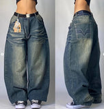 Shopmocho American Hip Hop Retro Gothic Print Jeans Women Y2K New Street Selling Fashion Loose Straight Wide Leg Pants Unisex Joker Jeans