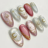 SHOPMOCHO 24Pcs Black Y2k Long False Nails with Almond Head Design Cat's Eye Silver Stripe Pattern Press on Fake Nails Wearable Nail Tips