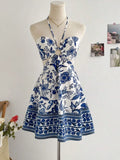 Shopmocho Women's Romantical Floral Print Halter Neck Sexy Fashionable Dress Easy to Create Lazy Stylish Vacation Style Dress