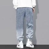 SHOPMOCHO Korean Clothing  Men Letter Printed Jeans High Waisted Baggy Jeans Cartoon Graffiti Hip-Hop Pants Blue Jeans