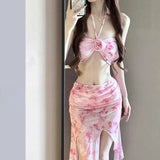 SHOPMOCHO-Women's Long Dress Bikini Halter Neck Sexy Swimsuit with Removable Pads Beach Cover Up Flowy Swimsuit for Vacation Body Shaping
