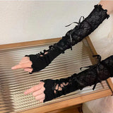 Shopmocho Lolita Gloves Ballet Style White Lace Sleeves Women's Thin Summer Sunscreen Spicy Y2K Girl Strap Gloves For JK Girls