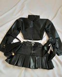 SHOPMOCHO Y2K Leather Spliced Denim Black Two Piece Set Women Harajuku Gothic Long Sleeve Zipper Jacket Mini Pleated Skirt Autumn Jacket