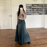Shopmocho Spring Summer New Sweet Cool Retro Distressed Denim High Waist A- Line Long Skirt Women's Wrap Body Skirt Cotton Pure Color