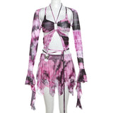 Shopmocho Women Y2k Ruffle Butterfly 2 Piece Outfit Sexy Fairy Backless Crop Top Wrap Mini Skirt Set Rave Festival Matching Set