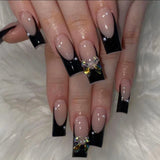 Shopmocho 24PCS/1BOX Black French Wearing Sweet and Cool Nail Patch Glitter Love Stars in Europe and America Dark Department Fake Nail