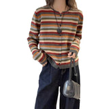Shopmocho Round Neck Long Sleeve Color Striped Knitted Cardigan for Women in Autumn New Fashionable and Fashionable Sweater Jacket