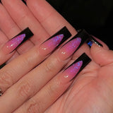 Shopmocho 24pcs Glossy Black Fake Nails For Spicy Girls Shimmery Rhinestone French Style Cross Press On Nail Mid-length Coffin Cool Nails