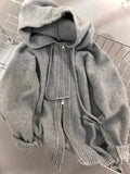 Shopmocho Gray Hooded Sweater Coat Autumn Winter Double Zipper Long Sleeve Loose Fashion Korean Soft Thickened Knitted Tops Coats
