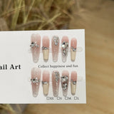SHOPMOCHO Sweet Lovely Cartoon Bear Long Coffin Stiletto Fake Nails Bowknot Pearl Diamond Flowers Cat Eyes Wearable Fake Nails