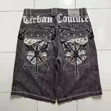 SHOPMOCHO Y2K Baggy Denim Jorts White Tribal Embroidery Wide Leg Jean Shorts Gothic Hip Hop Streetwear