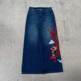 Shopmocho Dragon Graffiti Embroidery Dark Blue Loose Wide Leg Distressed Jeans Y2K High Waist Men Women Vintage Casual Daily Streetwear