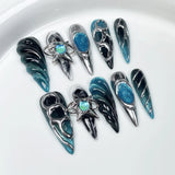 SHOPMOCHO Handmade Press on Nails Punk Cool Black Star Crocodile pattern False Nails Heavy Metal European Black Almond Fake Nail Patches