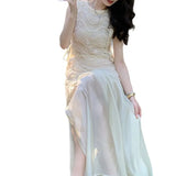SHOPMOCHO-Women White Sleeveless Waist Skirt 2025 Summer New High End Dress Temperament Light Luxury Skirt