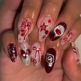 Shopmocho 24PCS Wine Red Almond Press on Nails Cartoon Rabbit Bowknot with Plaid Pearl Designs French Fake Nails for Girls Detachable Nail