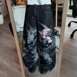 SHOPMOCHO New Black Wide Leg Denim Jeans Men Dragon Print Cherry Blossom Embroidery Vintage Washed Loose Harajuku Streetwear Casual Pants