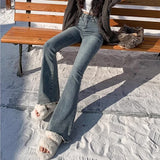 Shopmocho 2025 Woman High Waist Vintage Flare Jeans Female Gothic Elastic Bell Bottom Pants Lady Streetwear Blue Black Grey Denim Trousers