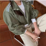 Shopmocho Loose Stand Collar Striped Design Two Bars Korean Chic Women's Jacket Versatile Outerwear Full Sleeve Korean Style