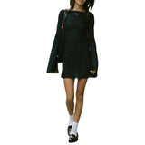 Shopmocho Female Sexy Long Black Dress Solid Colors Casual Floral Print Long Sleeve Backless Slim Fit A-line Dress