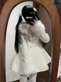 SHOPMOCHO Winter New Japanese Slim Bow Long Sleeve Coat Fashion Elegant Fur Collar Lace Overcoat Women Design Chic Sweet Woolen Cloth Coat