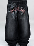 SHOPMOCHO American Fashion Printing Jeans Hip Hop Baggy Cross-legged Jeans Grey Wash Straight Mop Pants Men and Women