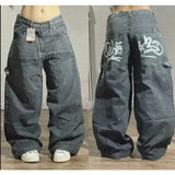 SHOPMOCHO American New Skull Embroidery Casual Baggy Jeans Women Y2K Street Harajuku Vintage Gothic High Waist Joker Wide Leg Pant Trouser