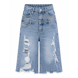 SHOPMOCHO Women's Denim Bermuda Shorts - Ripped Double Waistband Washed Blue Knee Length Jean Shorts, Non-Stretch Casual Relaxed Fit with Pockets, Perfect for Weekend Outings, Daily Leisure & Streetwear