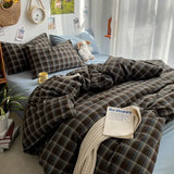 SHOPMOCHO Bedding Set Ins Ambiance Blue Coffee Grid Mixed With Washed Cotton Minimalist Four Piece Set Fitted Sheets Duvet Cover