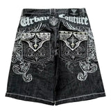 SHOPMOCHO Y2K Baggy Denim Jorts White Tribal Embroidery Wide Leg Jean Shorts Gothic Hip Hop Streetwear