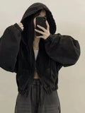 SHOPMOCHO Women's Short Denim Jacket Loose Long Sleeved Casual Fashion Fall  Retro Zipper Design Hoodie Outerwear Versatile Outwear