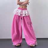 SHOPMOCHO Women's Patchwork Lace Skirt Casual Wide Leg Pants Spring Summer Niche Design Contrasting Style for Fashionable Ladies