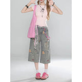 Shopmocho Summer New Oversized Wide Leg Design High Street Y2k Ripped Edge Jeans for Women Hip Hop Loose Fitting Spicy Girl Cropped Pants
