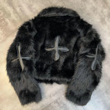 SHOPMOCHO 2026 Winter Women Cotton Jacket Lapel Long Sleeve Patch Cross Short Fur Coat Black