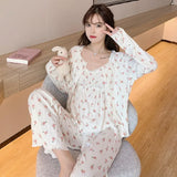 SHOPMOCHO Three Piece Cotton Pajamas Women Long Sleeve Trousers Sexy Floral Student Loungewear Large Size Romantic Women Nightwear Sexy