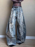 SHOPMOCHO Large Size American Street Retro Washed Distressed Curved Knife Jeans Wide Leg Denim Loose Sickle Pants Y2k Baggy Jeans Woman