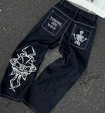 SHOPMOCHO 2025 New American Trend Retro Hip-hop Embroidery Pattern Baggy Jeans For Men And Women Y2K Harajuku Gothic Wide Pants Streetwear