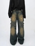 SHOPMOCHO Men Retro Mud Washed Spray Ma Liu Work Pants Neutral Baggy Wide Leg Men Jeans Street Hip Hop Multi Pocket Floor Denim Pants