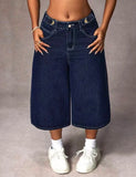 SHOPMOCHO Retro Dark Blue Adjustable Buckle Capri Jeans