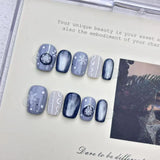 SHOPMOCHO 10pcs Handmade Press on Nails Christmas Frozen Blue Cat-Eye Full Coverage Nail Tips for Women&Girl Removable Wearable Nail Art