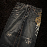 SHOPMOCHO American New Fashion Oversize Pattern Embroidered Baggy Jeans Men Y2K Gothic Harajuku Hip Hop Straight High Waist Wide Leg Pants