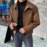 SHOPMOCHO Retro Brown Brown Suede Bomber Jackets for Men Spring Autumn Short Flight Coats Men Clothing