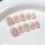 SHOPMOCHO 10Pcs Cute Handmade Press on Nails Short Korean Fake Nails with 3D Star Moon Nail Art Rhinestone Heart Artifical False Nails Art