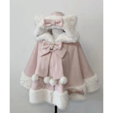 SHOPMOCHO Winter New Lolita Shawl Overcoat Women Design Bow Hooded Patchwork Kawaii Cope Coat Female Warm Chic Sweet Christmas Coat