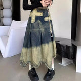 Shopmocho Women's Vintage Cross Fringed Denim Skirt, High Waist A-line Slimming Irregular Mid Length Skirt, Autumn and Winter New Style